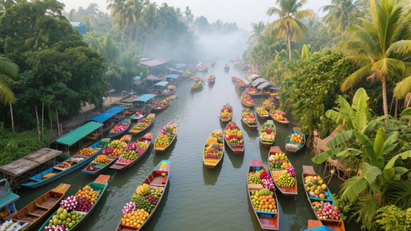 Colorful boats at a Thai floating market with vendors selling fresh food