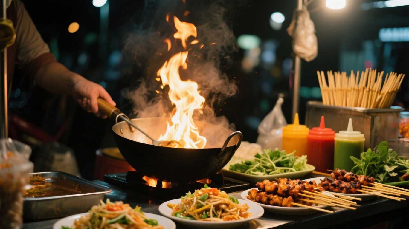 A Bangkok street food vendor preparing dishes at a smoky wok station