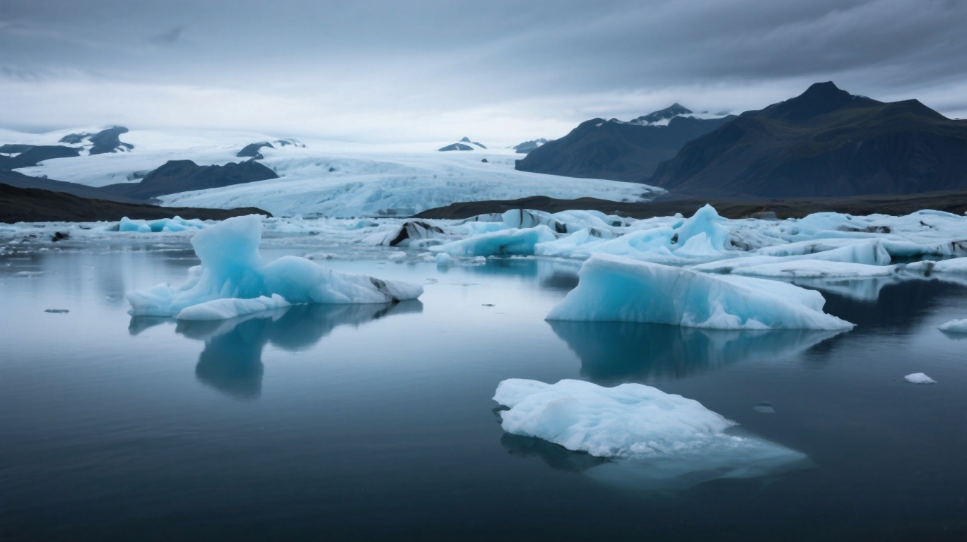 Jokulsarlon glacier lagoon with floating icebergs under dramatic skies