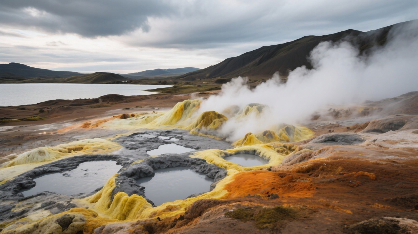 Lake Myvatn geothermal area with steaming vents and volcanic landscape