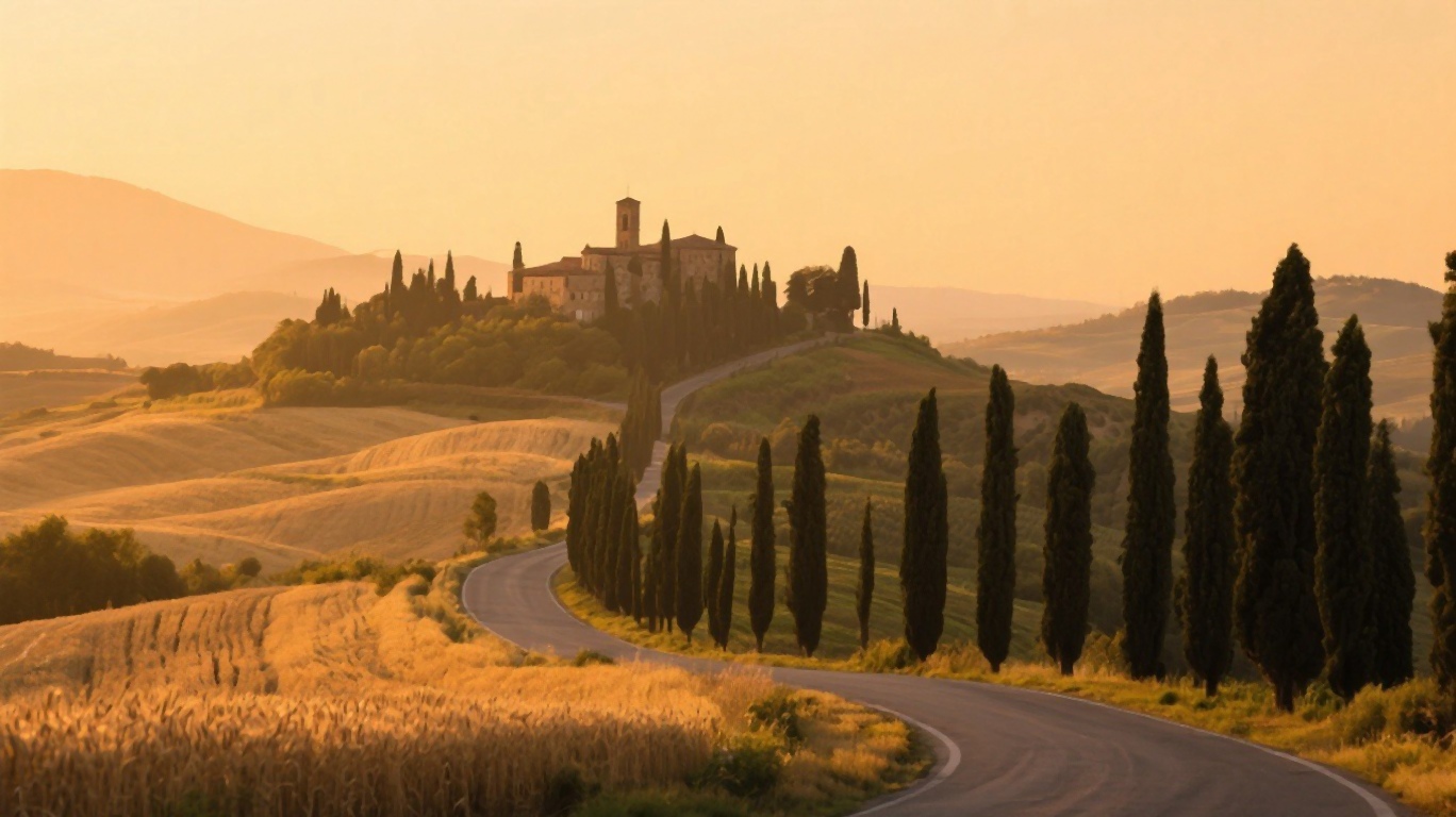 Rolling hills of Tuscany with cypress trees and golden light