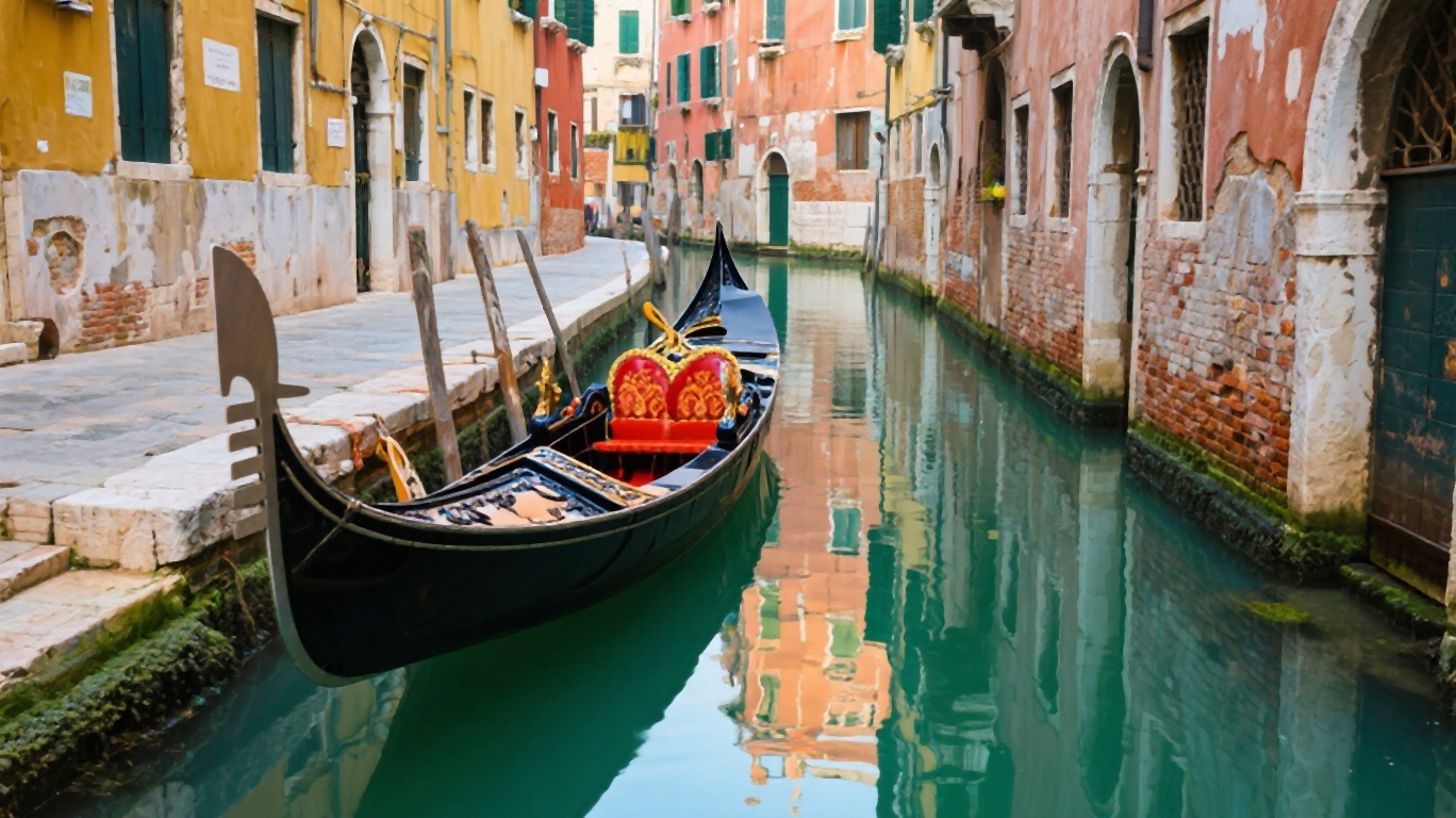 A gondola glides through a narrow Venice canal with colourful buildings