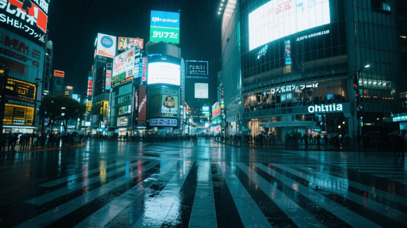 Shibuya Crossing at night with neon signs reflecting on wet pavement