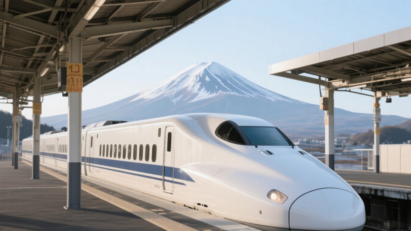 A sleek white shinkansen bullet train at a platform with Mount Fuji in the distance