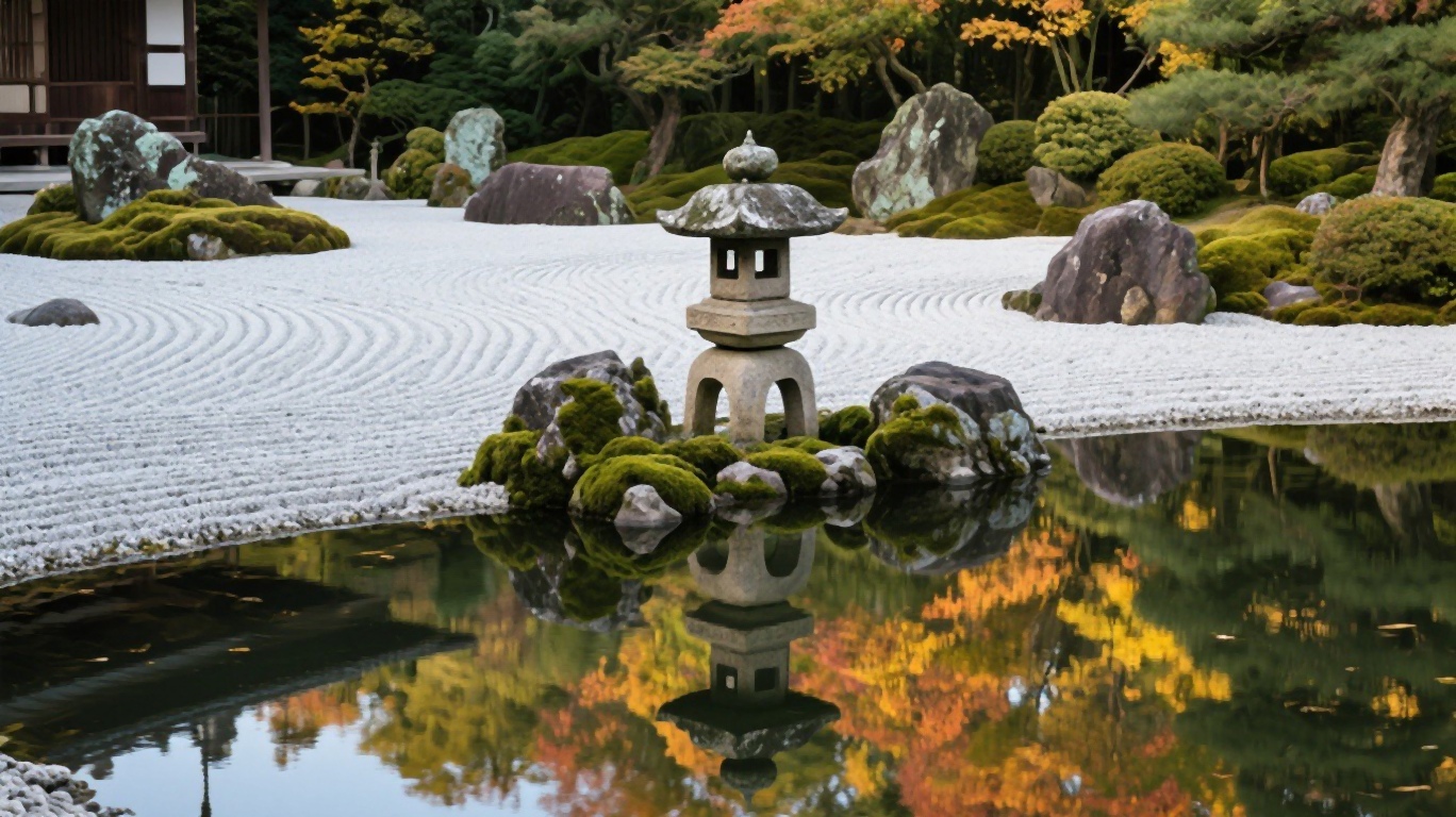 A serene Japanese garden with a stone lantern reflected in still water