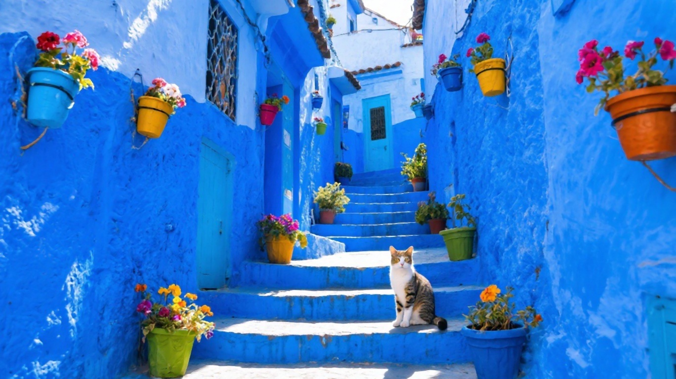Narrow blue-washed alleyway in Chefchaouen with potted plants and a cat on the steps