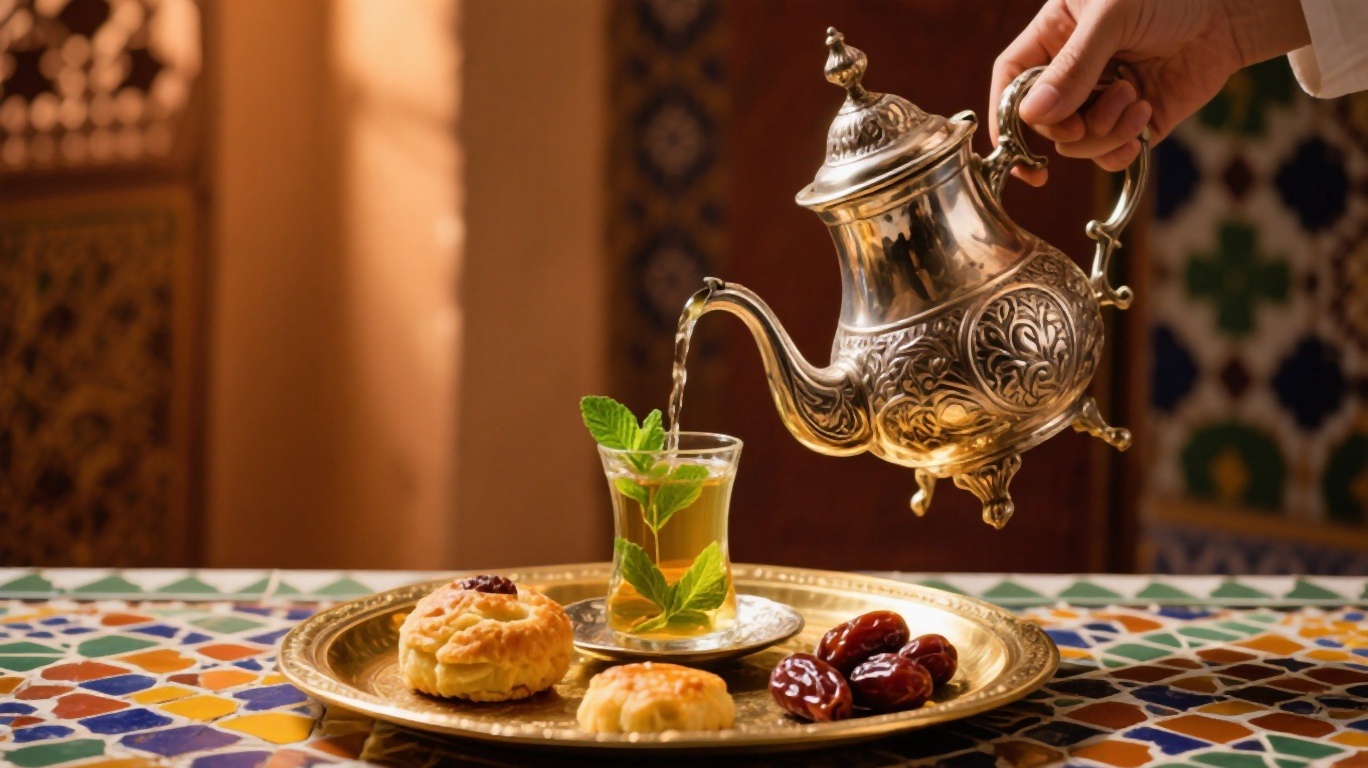 Moroccan dirhams and coins spread on a wooden table next to a glass of mint tea