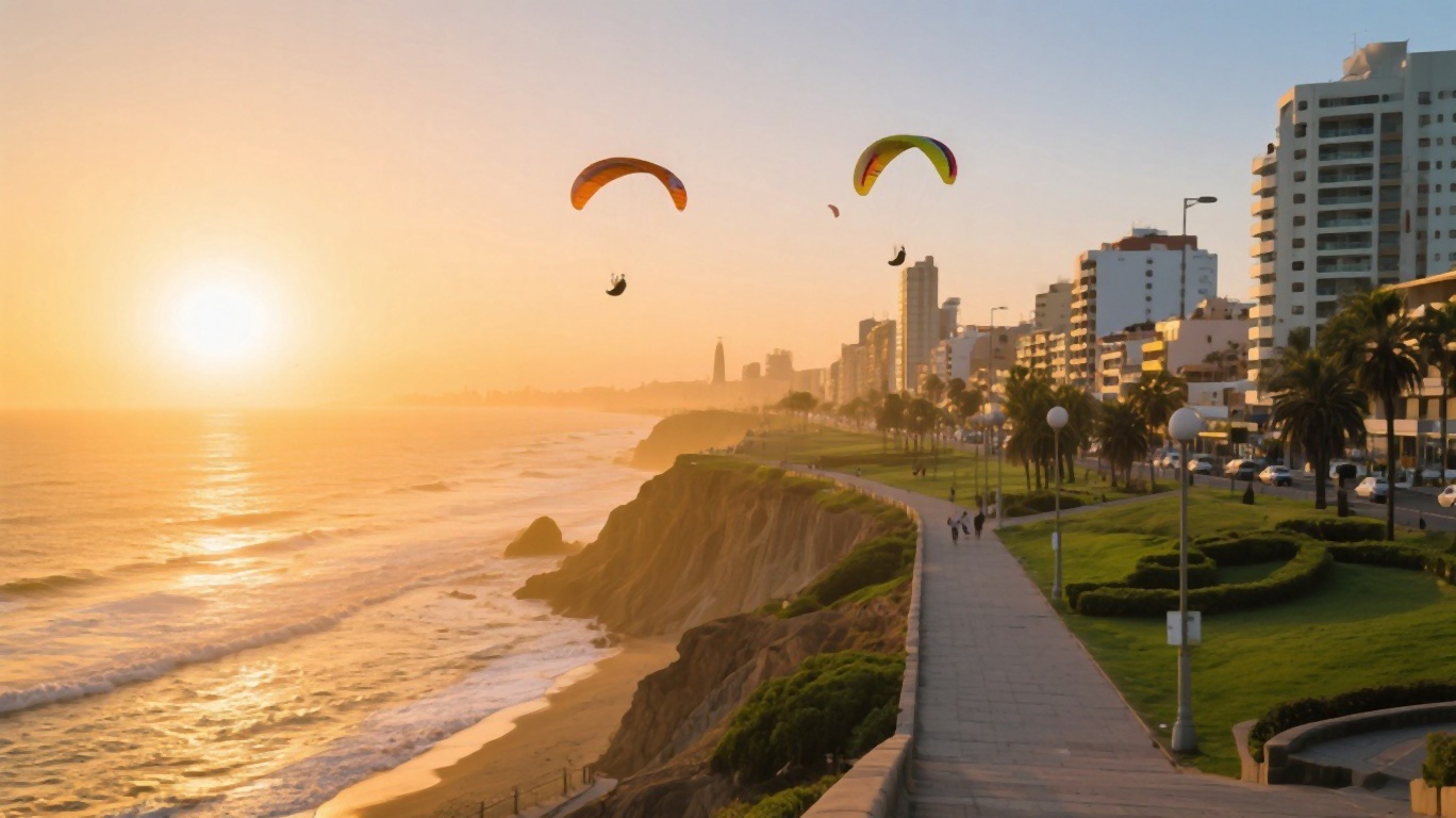 Miraflores coastline and Malecon boardwalk in Lima, Peru