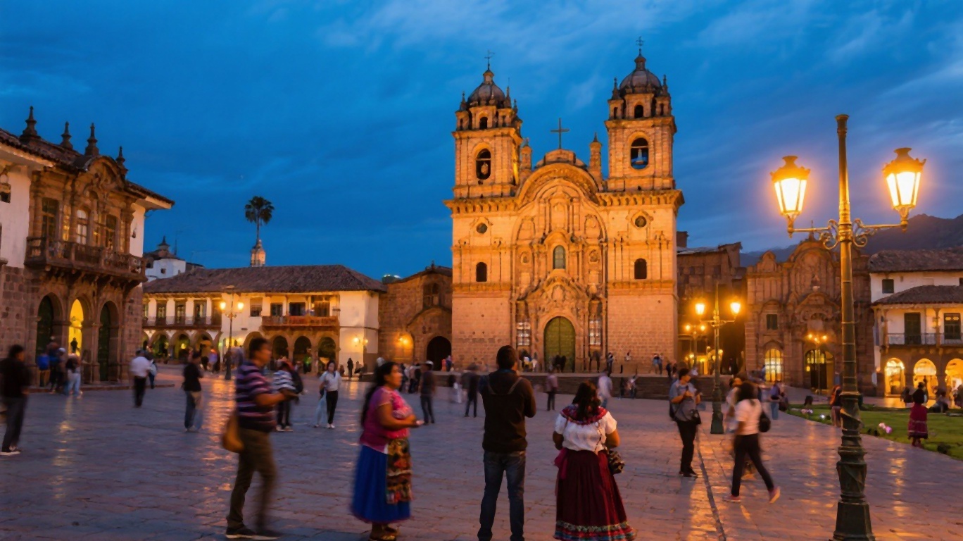 Plaza de Armas in Cusco with colonial cathedral and fountain