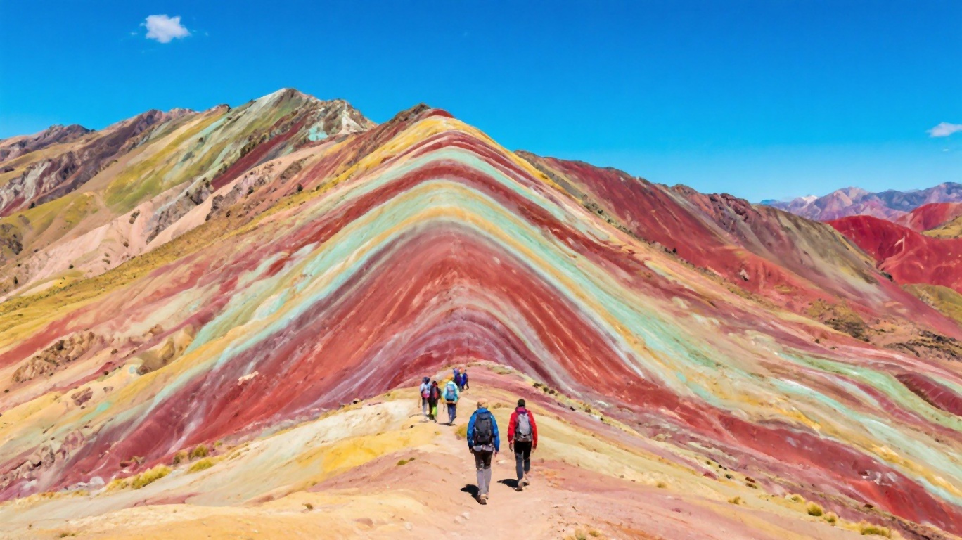Rainbow Mountain Vinicunca with colorful striped mineral layers and hikers on the trail