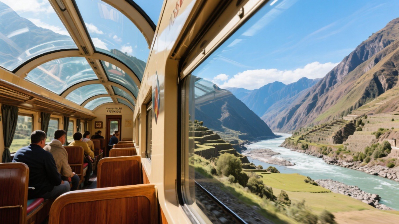 PeruRail train traveling through the Sacred Valley toward Machu Picchu