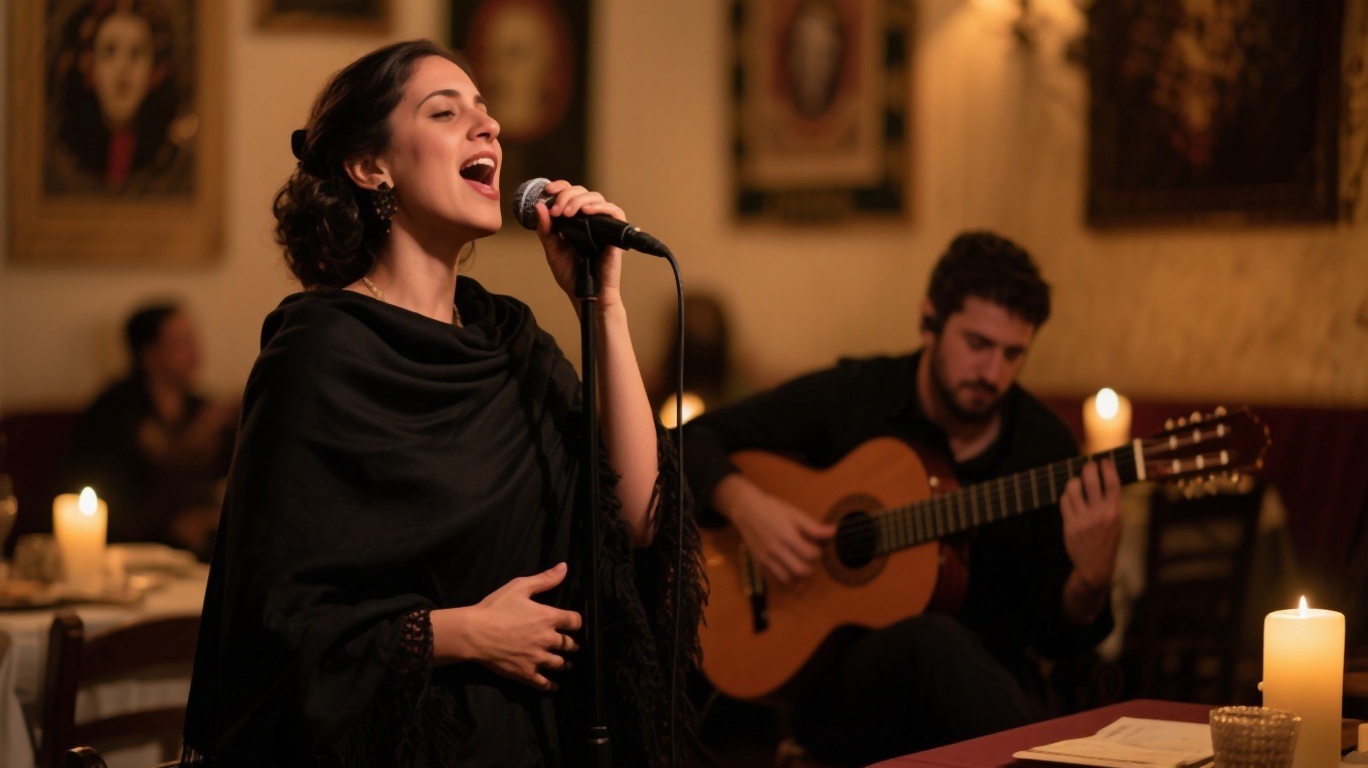 A fado singer performing in a dimly lit traditional venue in Lisbon Alfama neighborhood
