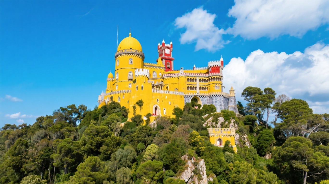 The colorful turrets and terraces of Pena Palace in Sintra surrounded by green forest