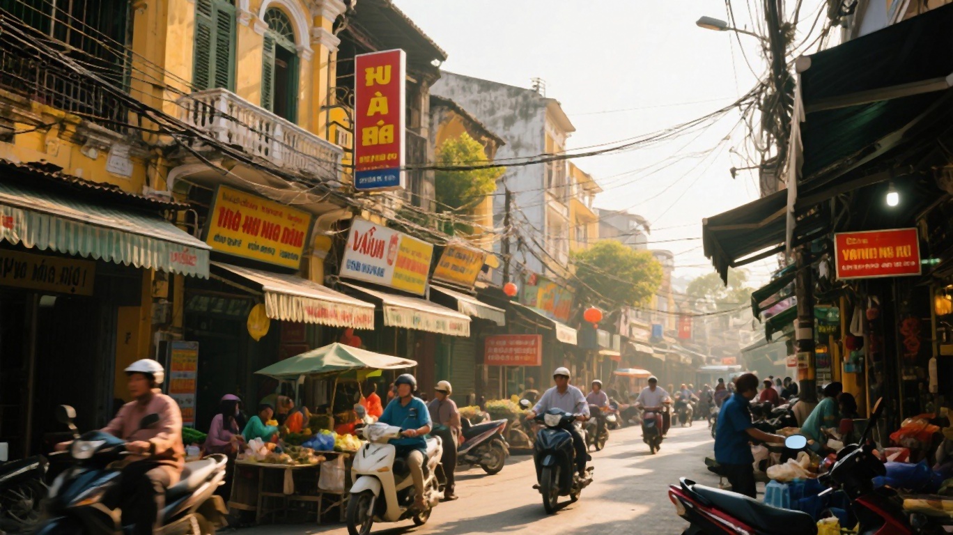 Narrow streets of Hanoi's Old Quarter with motorbikes, vendors, and colonial-era shophouses