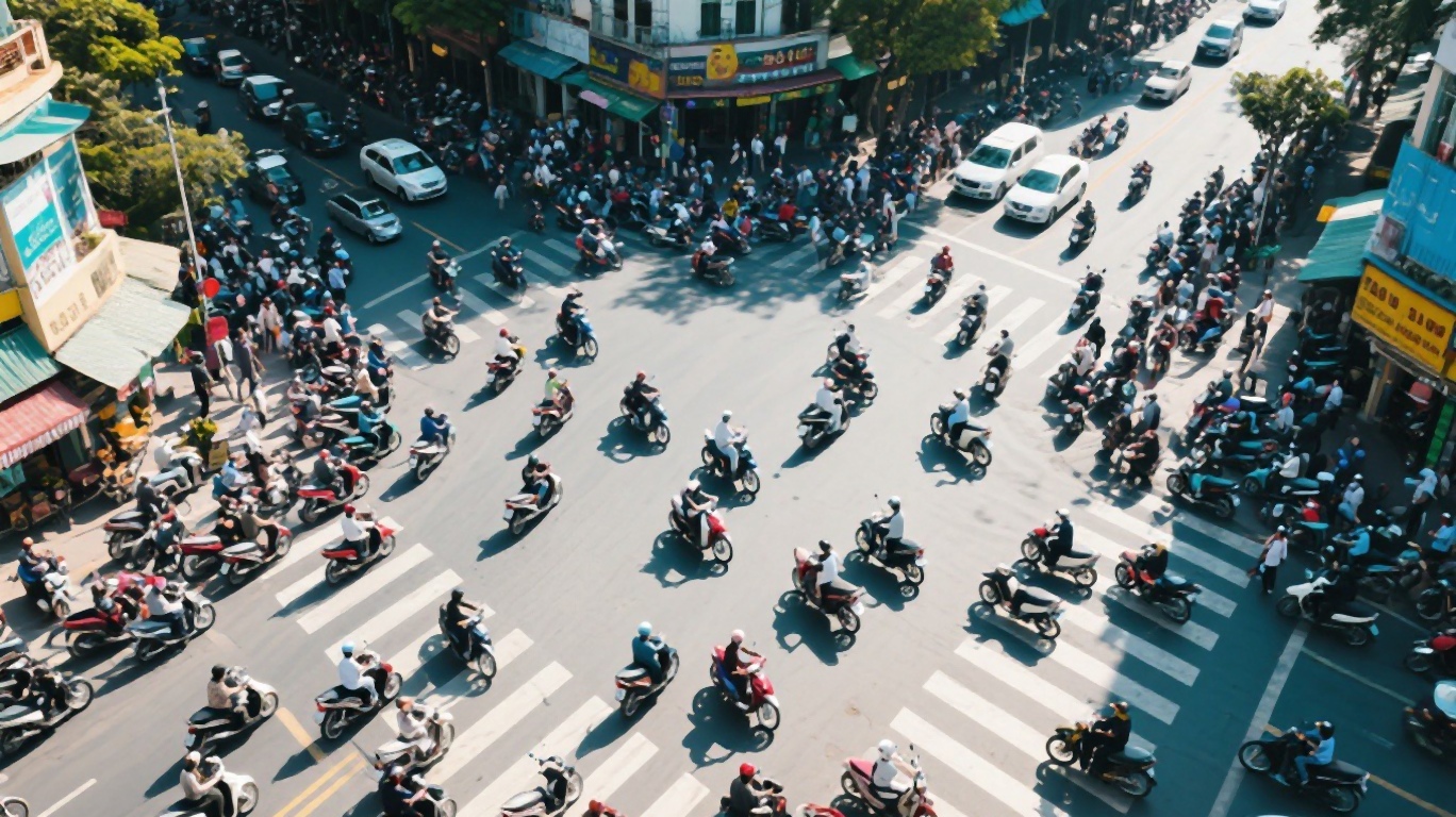 A busy intersection in Vietnam with motorbikes, pedestrians, and street vendors sharing the road